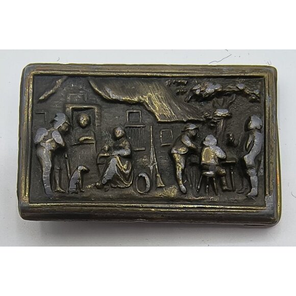 Antique Brass Rectangular Belt Buckle With Rustic Scene Engraving - Picture 1 of 4